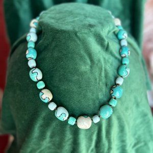 KAZURI CERAMIC BEAD NECKLACE --- MIXED LIGHT BLUE WITH BLACK SCROLLING DESIGN